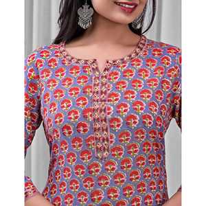 Ensemble Kurta Anarkali bleu en coton imprimé, style ethnique indien avec broderies, idéal pour les occasions spéciales - Product Image 6