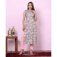 Kurta en coton gris à imprimé floral pour femme avec pantalon rose, tenue ethnique décontractée, coupe régulière, longueur cheville, style traditionnel