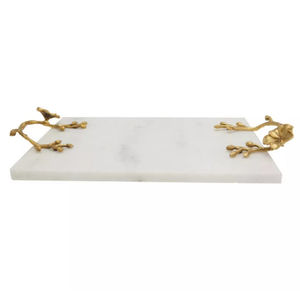 Plateau décoratif en marbre noir de qualité supérieure plateau de service rectangulaire en forme de feuille d'or pour les mariages décor à la maison poignées en métal - Product Image 3