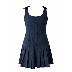 Vestido Mini Clásico Azul Marino de Cuero Genuino sin Tirantes, Estilo Preppy con Pliegues y Volantes, Estilo Vintage, Servicio OEM/ODM para Primavera/Otoño - Product Image 3