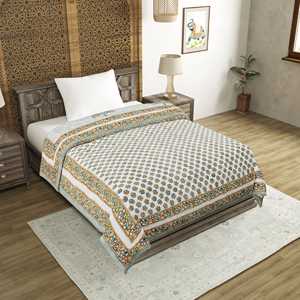 Couette Kantha en coton taille unique/Rajai Hand Block Print Handmade Technique for Light Winters Green Yellow Tree (150x225 Cm) - Product Image 1