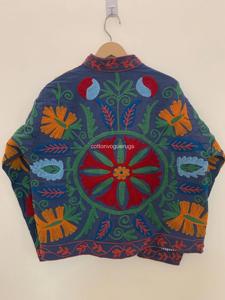 Veste en coton brodée florale bohème, col mandarin, manches trois quarts, vêtements d'extérieur pour femmes, printemps - Product Image 2