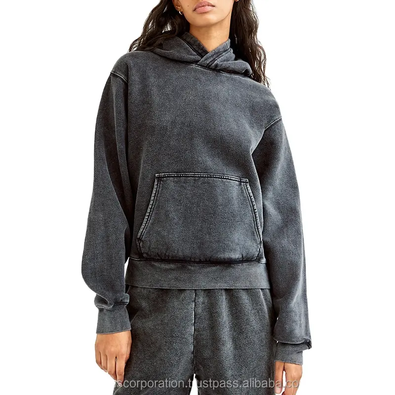 캥거루 포켓과 더블 레이어 후드가있는 여성 풀오버 후드 드롭 어깨 스웨트 셔츠 산성 세척 까마귀 운동복