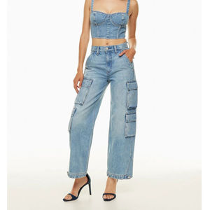 Jeans cargo streetwear pour femmes, pantalon style 8 poches, jeans en denim, coupe ample, pantalon baggy tendance, respirant - Product Image 1