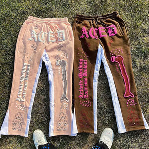 Factory OEM Custom Wide Leg Flared Sweatpants Men <b>Rhinestone</b> Drawstring Waist Raw Hem Sweatpants - Product Image 5