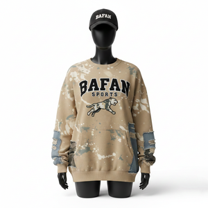 Sweat-shirt pour femme en coton lourd et polaire polyester, beige, lavage à la peinture, manches à panneaux, logo imprimé, sweat-shirts respirants pour femme - Product Image 6