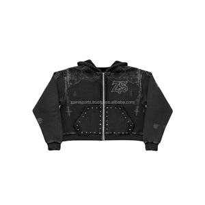 Sudadera con capucha Premium 380 GSM Heavy Fleece con cremallera Tela de mezcla de algodón suave Color negro Logotipo personalizado Bordado Impresión básica Sudadera con capucha - Product Image 1