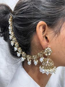 Bridal Kundan Jhumka <b>Earrings</b> with Pearl Chain & Matching Maang Tikka Gold Plated Traditional Jewellery Set - Product Image 4