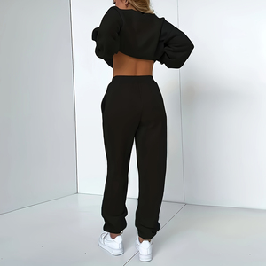 Venta caliente invierno sólido cuello redondo mujeres 100% algodón deporte chándal 2 piezas deporte desgaste conjunto - Product Image 5