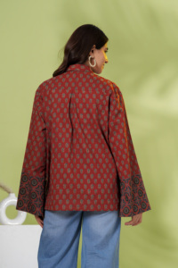 Blusa de manga larga con botones y estampado de color óxido para mujer, con mangas acampanadas, corte holgado, diseño étnico, informal y elegante - Product Image 5