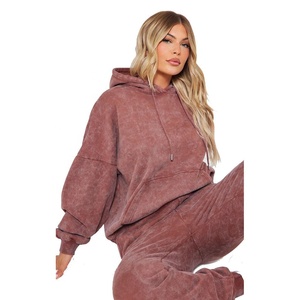 100% algodón lavado ácido personalizado Distress bordado Sweatsuit para mujeres de gran tamaño de manga larga Flare pantalones de chándal lavado - Product Image 4