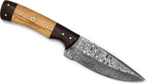 Cuchillo de hoja fija de acero de Damasco golpeado a mano con Funda de cuero para caza al aire libre Camping Soporte OEM - Product Image 2