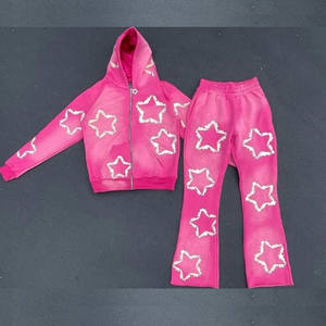 Streetwear personnalisé délavé à l'acide ensemble de sweat à capuche fermeture éclair survêtements Écusson de détresse Pantalon de survêtement évasé Décontracté Hiver Logo Caractéristiques Tissu - Product Image 1