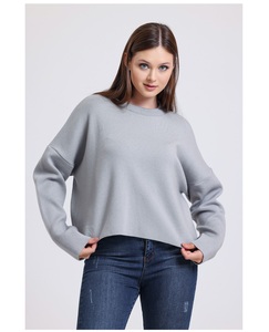 Jersey acanalado de manga larga informal de otoño para mujer, Jersey antiarrugas transpirable de 300g, suéter de punto con cuello redondo, ajuste holgado - Product Image 1