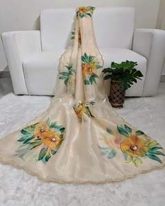 Diseñador de moda suave satén organza Sari con flor estampado a mano blusa elegante más vendida fiesta boda ropa Casual mujeres - Product Image 1