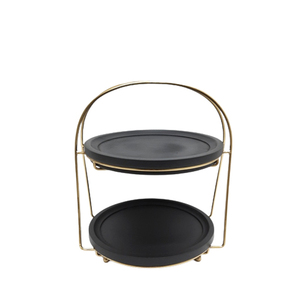 Support à gâteau rond à 2 niveaux en fer et bois de mangue avec poignée, couleur or et noir, ustensiles de cuisson, pour la cuisine et la décoration de mariage - Product Image 1