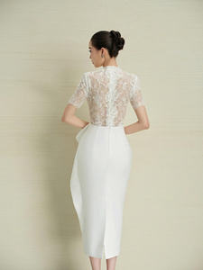 Robe mi-longue élégante pour femmes en dentelle et soie transparente, manches courtes, col en V, fabrication artisanale, disponible en OEM et ODM - Product Image 5