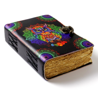 Couverture de carnet en cuir véritable imprimée mandala hibou coloré, faite à la main, avec bord festonné, carnet d'écriture artistique unique, cadeau idéal pour la fête des mères