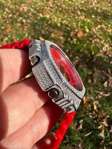 Unisex Sporty Style Moissanite Diamond <b>Watch</b> Glass Crystal 925 Sterling Silver Silicone Iced Red Stripe Dial Luxury Hip Hop - Product Image 4
