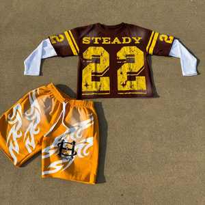 Ensemble survêtement en jersey personnalisé T-shirt à manches doubles avec sérigraphie de détresse Ensemble t-shirt short à manches longues Boxy délavé à l'acide - Product Image 5