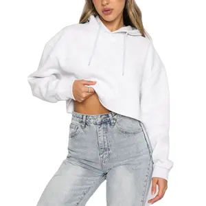 Hoodie atasan crop berat Pullover Logo kustom gaya baru hoodie atasan Crop Drop Shoulder untuk wanita kustom dicelup