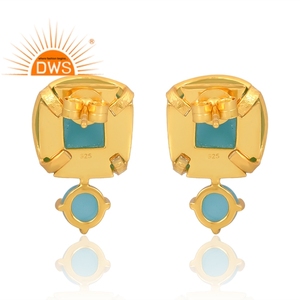 Superventas Plata de Ley 925 18K Flash chapado en oro Aqua Calcedonia piedra preciosa Stud pendiente Demi joyería fina para mujer - Product Image 2