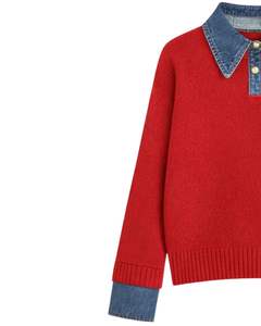 Customized <b>Women</b> <b>Red</b> Knit Sweater With Denim Collar Button Neck Long Sleeve Pullover Casual Winter Top Soft Acrylic Blend - Product Image 2