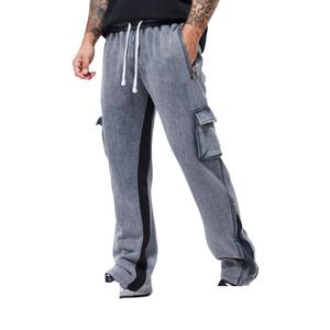 Pantalones acampanados de lavado ácido para hombre, pantalones de chándal acampanados de algodón con estampado gris y cordón en la cintura para hombre - Product Image 1