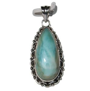 Collar de plata de ley Larimar elegante con ajuste de bisel Unisex, colgante de piedra Natural curativa con patrón de gota envolvente 925 para hombres - Product Image 1
