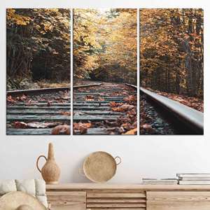 Tableau sur toile sur le thème des rails de train d'automne : Impression murale de paysage, lot de 3 toiles - Product Image 1