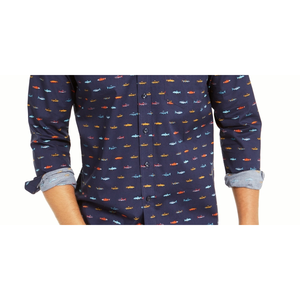 Camicia da Uomo Elasticizzata con Stampa di Pesci, Vestibilità Regolare, Tessuto Popeline, Taglia Small, Blu - Product Image 3