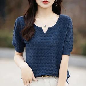 NOVEDAD DE VERANO 2024, camiseta de manga corta con cuello en V para mujer, Jersey de algodón 100% de Color sólido, Camiseta holgada de punto a la moda para mujer - Product Image 2