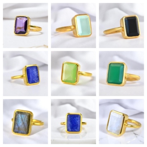 Natural Aqua Calcedonia 10x14MM Forma de rectángulo Anillo bohemio chapado en oro Anillo personalizable Joyería - Product Image 2