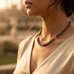 Women's Black Freshwater Pearl <b>Necklace</b> with Garnet Beads SKU ABDN-20441 - Product Image 1