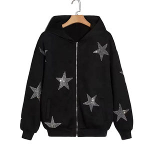 Clothing Manufacturer Low MOQ Custom High Quality 100% Polyester Rhinestone Pattern <b>Zip</b> <b>up</b> <b>Crop</b> Zipper Women <b>Hoodie</b> - Product Image 1