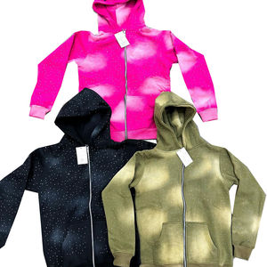 Sudadera con capucha y cremallera transpirable de fabricante personalizado lavada vintage con diamantes de imitación desteñidos por el sol estilo con capucha de tela polar - Product Image 1