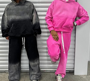 Streetwear personnalisé Boxy Fit Distressed Embroidery Sun Faded Acid Wash Zip up Rhinestone Men Hoodie Ensemble 2 pièces - Product Image 3