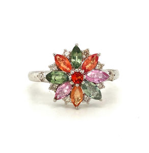 แหวนดอกไม้เงินสเตอร์ลิงสี925สำหรับผู้หญิงสไตล์ดอกไม้แซฟไฟร์หลากสีพร้อมอัญมณีหลากสีสำหรับงานแต่งงานหรือของขวัญ - Product Image 1