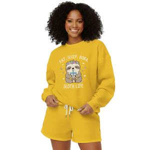 Conjunto de Sudadera y Pantalones Cortos de Punto para Mujer, Color Sólido, Invierno, Informal, Dos Piezas, Transpirable, Cuello Redondo, Felpa de Algodón, OEM, Venta al Por Mayor - Product Image 1