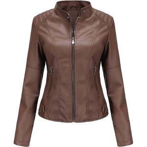 Veste en cuir véritable pour femme à manches longues, col montant, décontractée, imperméable, respirante, rembourrage en polyester tricoté pour l'hiver - Product Image 1