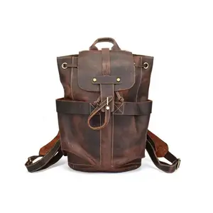 Crazy Horse Full-Grain Genuine Leather Backpack For Men Retro Large Capacity Travel College Bags