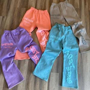 <b>Men's</b> Casual Custom Logo Fleece <b>Joggers</b> 3D Puff Print French Terry Sweatpants with Mid Waist Baggy Stacked Flare <b>Denim</b> Fabric - Product Image 3