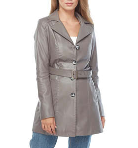 Abrigo largo de cuero genuino Abrigo de cuero gris con cinturón Gabardina de cuero de piel de cordero genuino para mujer - Product Image 1