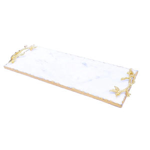 Plateau de service en marbre naturel blanc de haute qualité élégant poignées de fleurs en laiton doré plateau décoratif artisanal pour la maison de mariage - Product Image 3