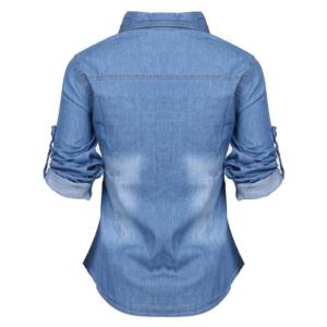 Camisas de Mezclilla con Botones OEM Blusa Casual de Manga Corta de Alta Calidad Fibra de Bambú y Algodón Transpirable Cuello Redondo Primavera Verano para Mujer Corte Ajustado - Product Image 4