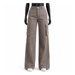 Pantalones Cargo de Cintura Alta y Pierna Ancha para Mujer, con Múltiples Bolsillos, Estilo Casual Urbano, Venta al Por Mayor OEM - Product Image 1