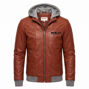 Chaqueta de Cuero Genuino para Hombre OEM con Capucha, Cierre de Cremallera, Piel de Oveja y Logotipo Grabado, Color Óxido - Product Image 1