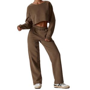 Femmes décontracté hiver Streetwear ensemble à manches longues haut court à capuche plat avant polaire pantalons de survêtement taille élastique fermeture 100% coton - Product Image 4