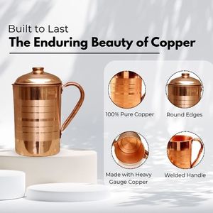 Meilleur vendeur Fabricant Carafe à eau en cuivre pur 1000 ml Écologique Pichet artisanal avec couvercle et poignée pour boire et stocker - Product Image 2
