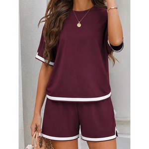 Women'<b>s</b> Short-Sleeved Crew Neck Striped Detail Viscose Two-Thread <b>Blouse</b> <b>and</b> Shorts Two-Piece Set, 36948 - Burgundy - Product Image 1